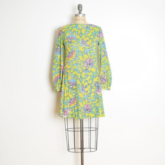 vintage 60s dress psychedelic print mod baroque green twiggy mini hippie S M - Picture 2 of 10